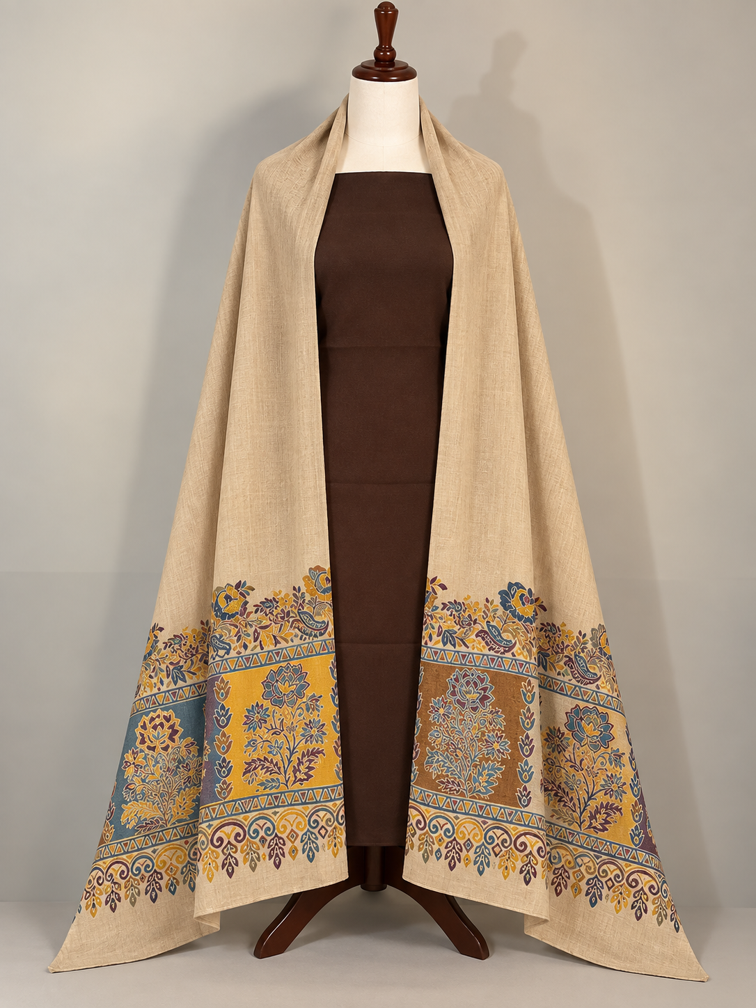 Skin Pashmina Kani Suit 3 Piece | Kani Border Shawl with Chocolate Suit