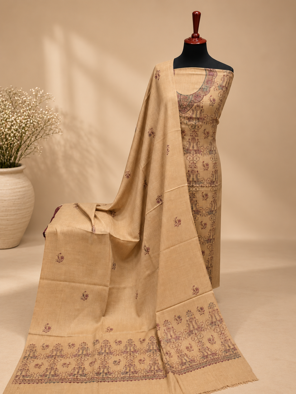 Natural Skin Kashmiri Pashmina Handmade Kacha Tanka Needle Work 3Pc Suit