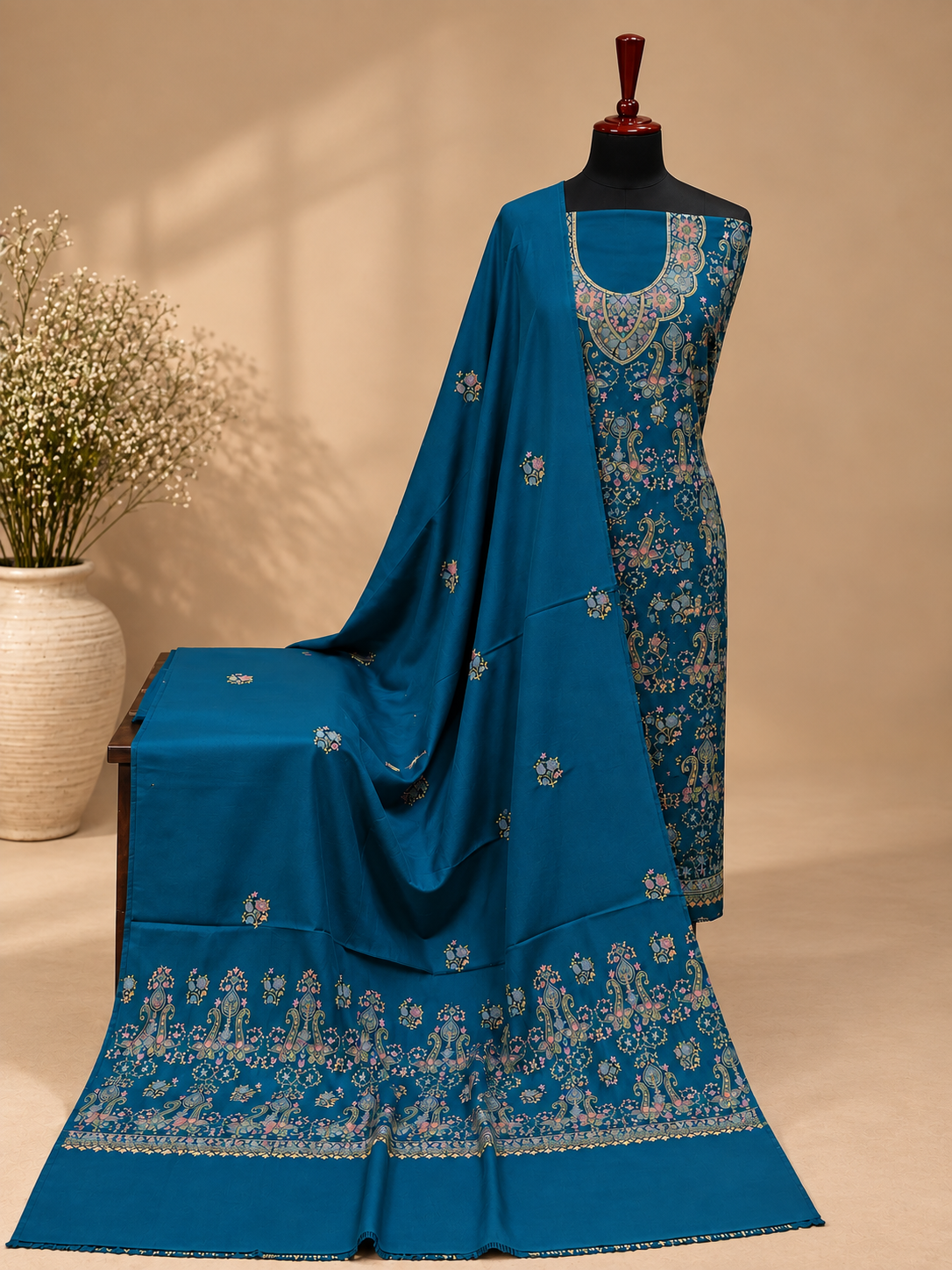 Zinc Kashmiri Pashmina Handmade Kacha Tanka Needle Work 3Pc Suit