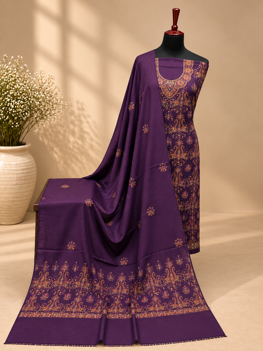 Purple Kashmiri Pashmina Handmade Kacha Tanka Needle Work 3Pc Suit